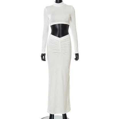 White Long Sleeve Ruche Matching Set maxi skirt