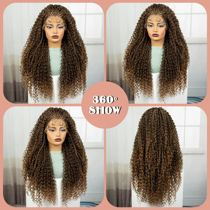 28 Inch 1B-30 Color Ombre Synthetic Braided Wigs Lace Braided Wigs Curly Knotless Box Braids Wigs with Baby Hair for Black Woman