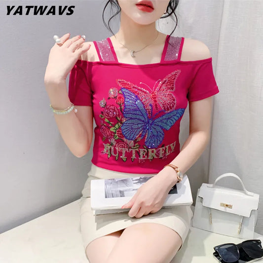 M-3XL Summer New Women's Butterfly Letter Design Shiny Diamonds T-Shirts Sexy Off Shoulder Slim Mesh Tees Luxury Girl Flower Top