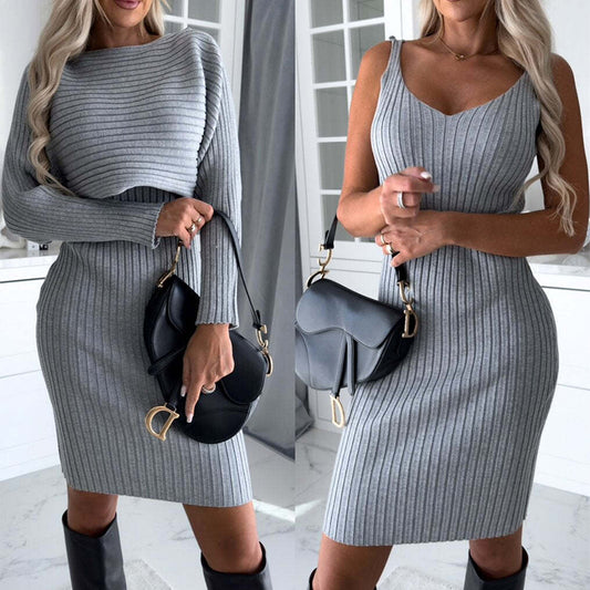 Sunken Stripe Long-sleeved Top Suspender Skirt