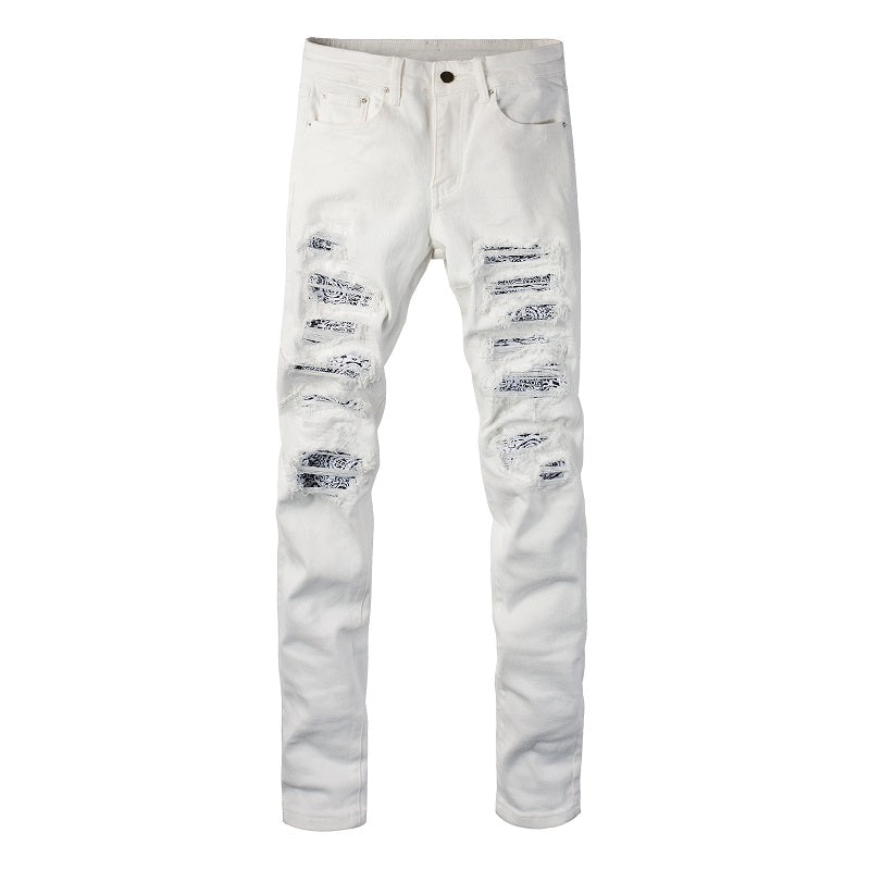 White Cashew Patch Torn Jeans