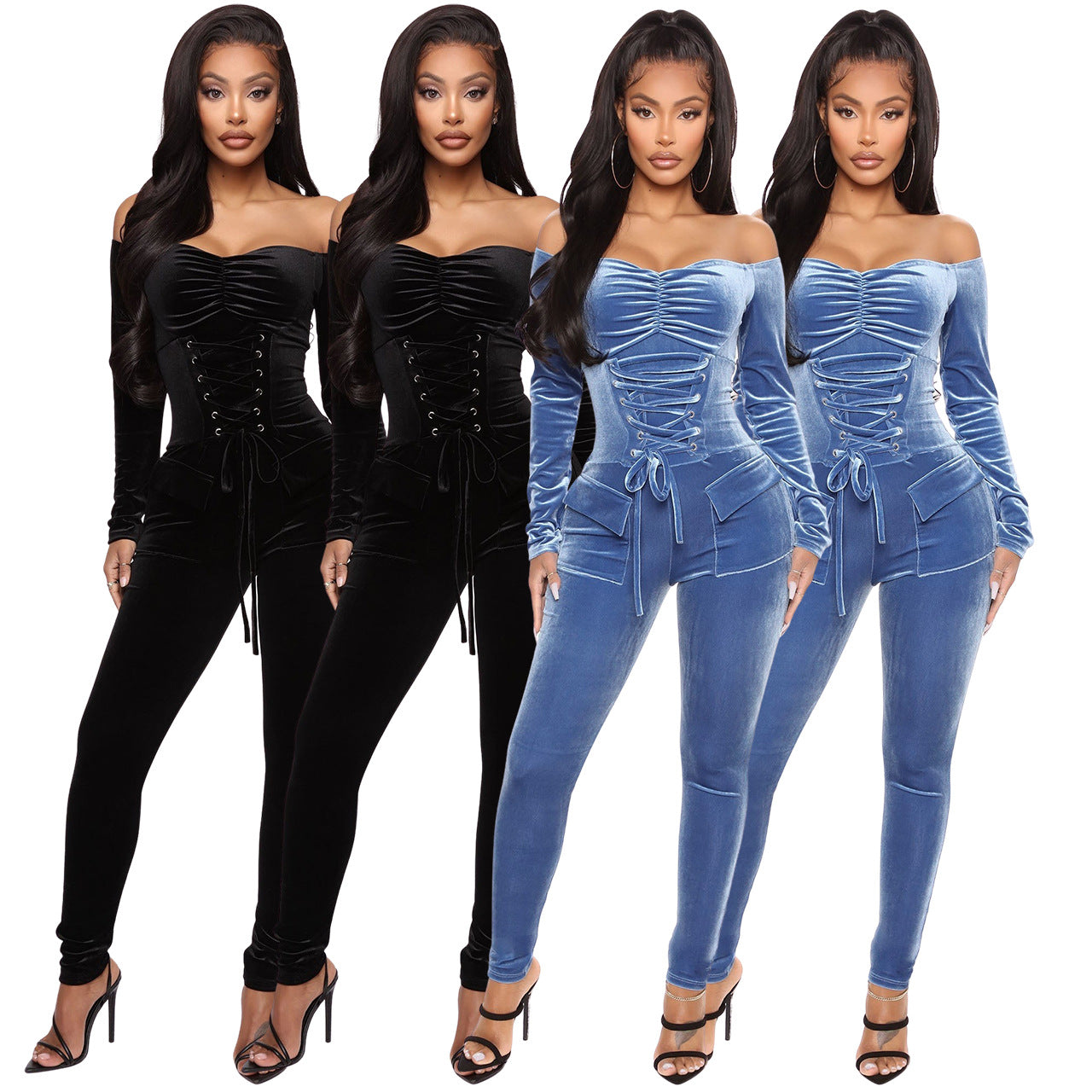 Velvet One-shoulder Strap Slim Fit Jumpsuit