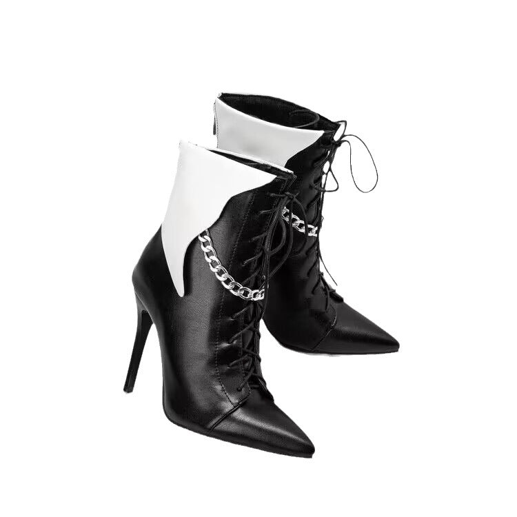 Colorblock Stiletto Pointed Chain Ankle Boots