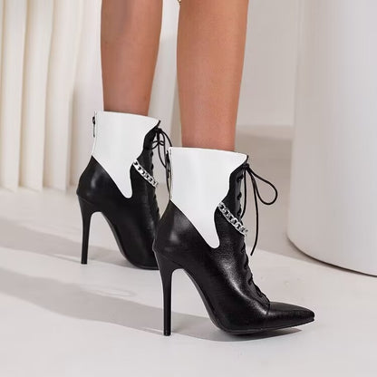 Colorblock Stiletto Pointed Chain Ankle Boots